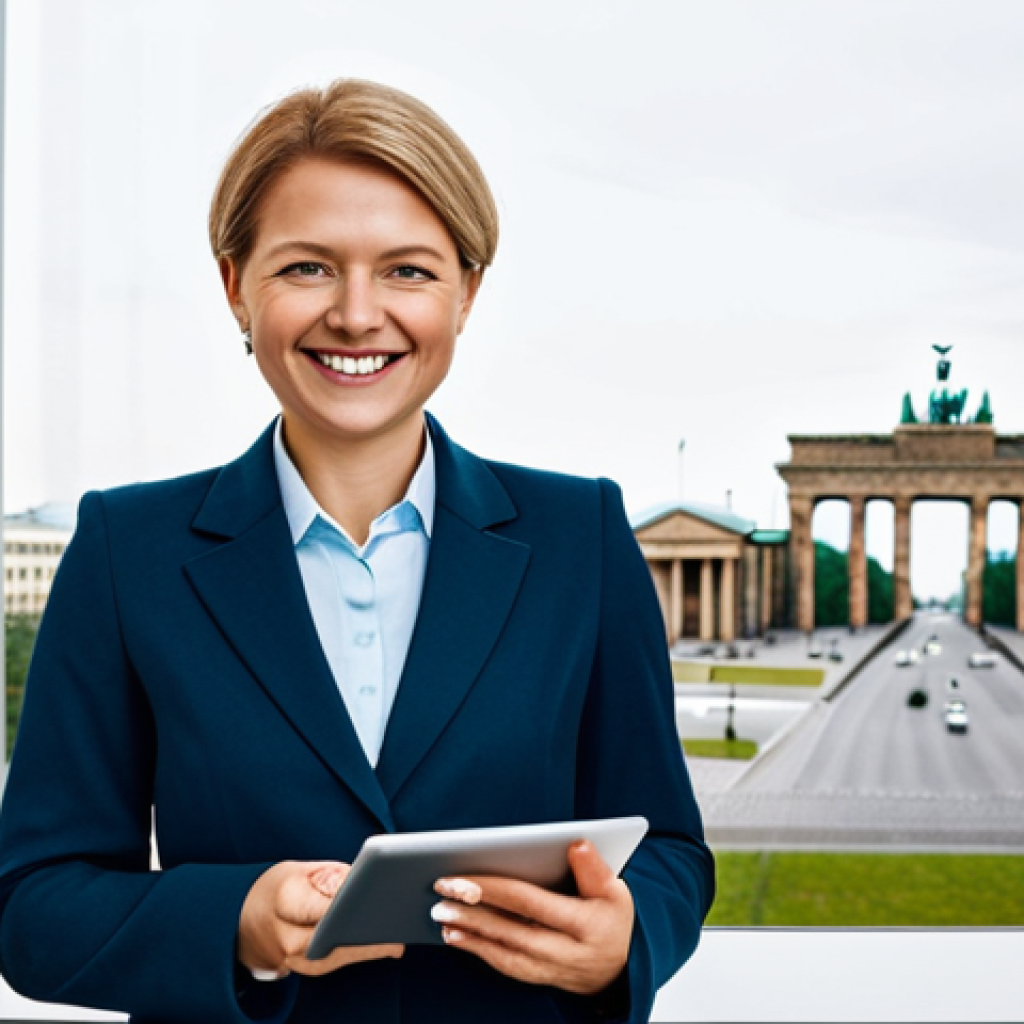 **
A professional businesswoman in a modest business suit, standing in a modern Berlin office. Background shows the Brandenburg Gate subtly through a window. She is holding a tablet, smiling confidently. Fully clothed, appropriate attire, safe for work, perfect anatomy, natural proportions, professional photography, high quality. Family-friendly, professional.
**