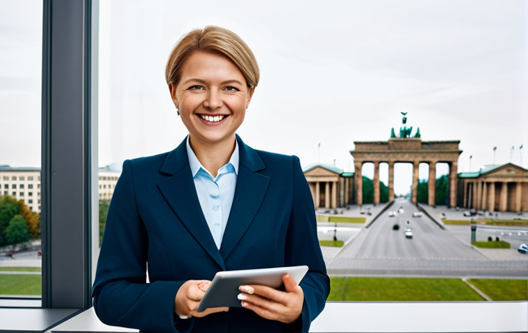**
A professional businesswoman in a modest business suit, standing in a modern Berlin office. Background shows the Brandenburg Gate subtly through a window. She is holding a tablet, smiling confidently. Fully clothed, appropriate attire, safe for work, perfect anatomy, natural proportions, professional photography, high quality. Family-friendly, professional.
**