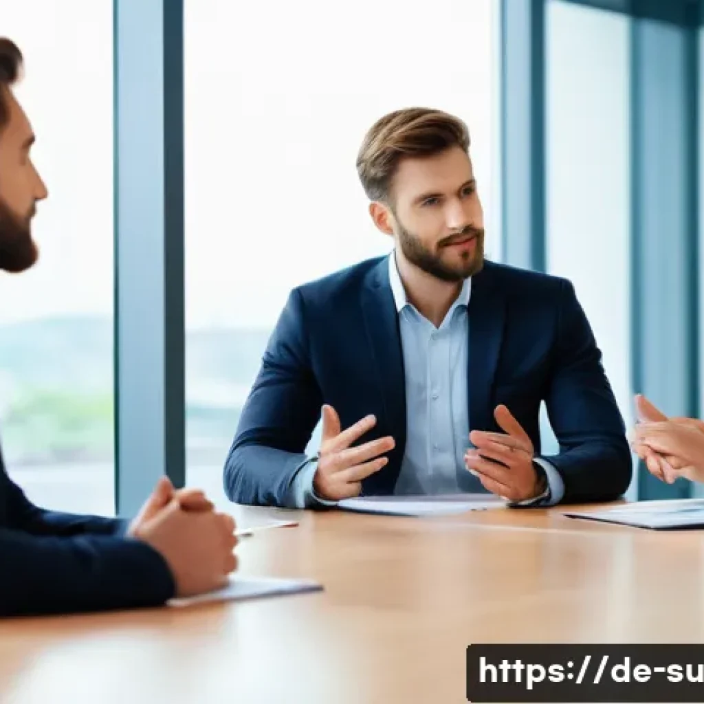 상황에 따른 커뮤니케이션 방식의 변화 - A professional business meeting scene set in a modern German office, featuring diverse colleagues in...