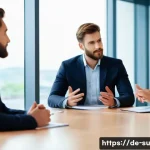 Home 22 상황에 따른 커뮤니케이션 방식의 변화 - A professional business meeting scene set in a modern German office, featuring diverse colleagues in...