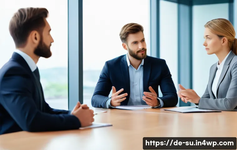 상황에 따른 커뮤니케이션 방식의 변화 - A professional business meeting scene set in a modern German office, featuring diverse colleagues in...