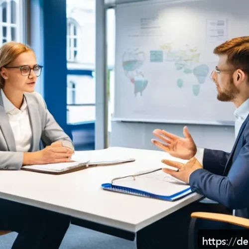 Home 31 상황별 커뮤니케이션에 필요한 기술 - A professional office scene in Germany showing two colleagues engaged in active listening during a m...