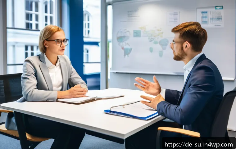 상황별 커뮤니케이션에 필요한 기술 - A professional office scene in Germany showing two colleagues engaged in active listening during a m...