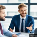 Home 18 상황의 중요성을 반영한 커뮤니케이션 - A professional business meeting scene in a modern German office setting, showing diverse colleagues ...