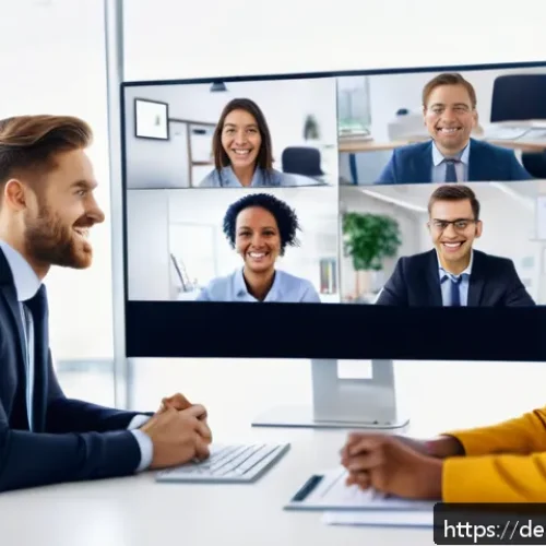 Home 17 효과적인 팀 소통을 위한 상황 맥락화 - A modern, diverse office team engaged in a video conference call, each participant visible on a high...