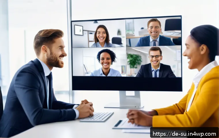 효과적인 팀 소통을 위한 상황 맥락화 - A modern, diverse office team engaged in a video conference call, each participant visible on a high...