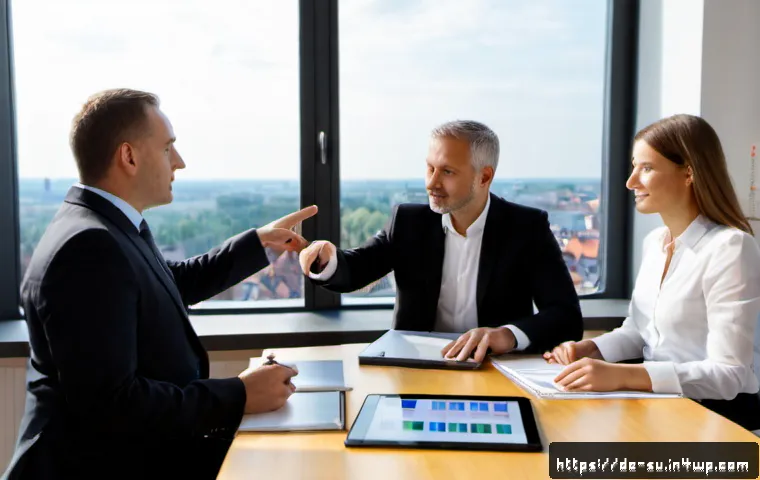Home 17 상황 맥락화 커뮤니케이션의 기본 원칙 - Photorealistic modern German office meeting, a middle-aged manager calmly explaining a project to th...