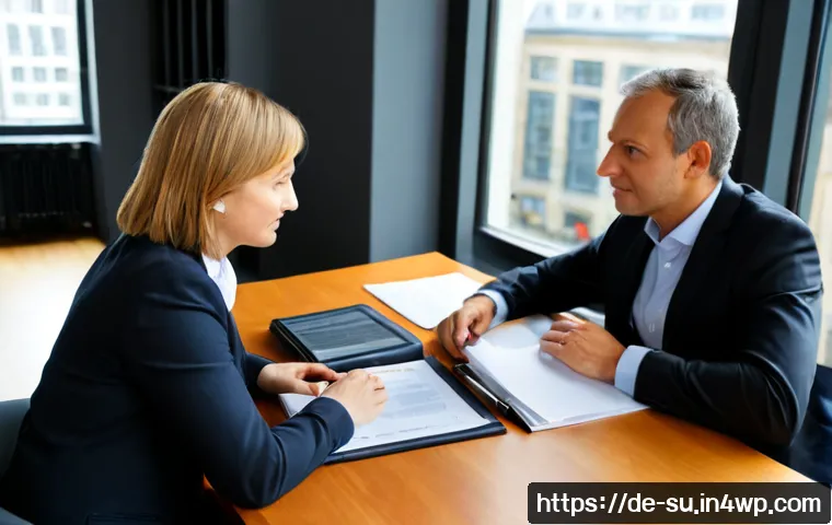 상황 맥락화 커뮤니케이션의 법적 측면 - Photorealistic legal consultation in a modern German law office, a middle-aged lawyer in professiona...